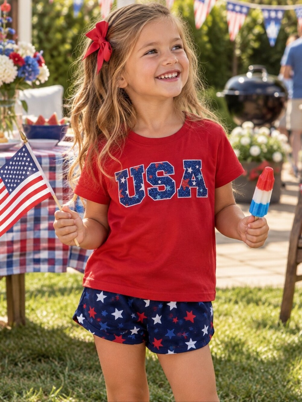 USA Red Tee and Navy Star Shorts Set